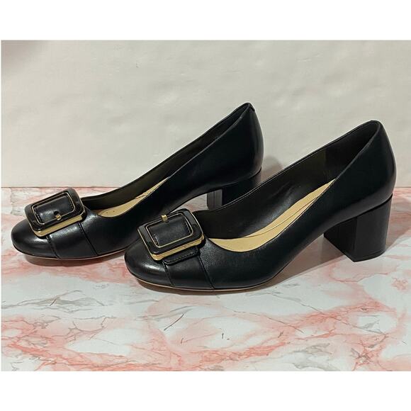 NWOB CLARKS Cushion Orabella Fame Black Leather 8.5 Gold Buckle Chunky Heel NEW - Picture 4 of 7